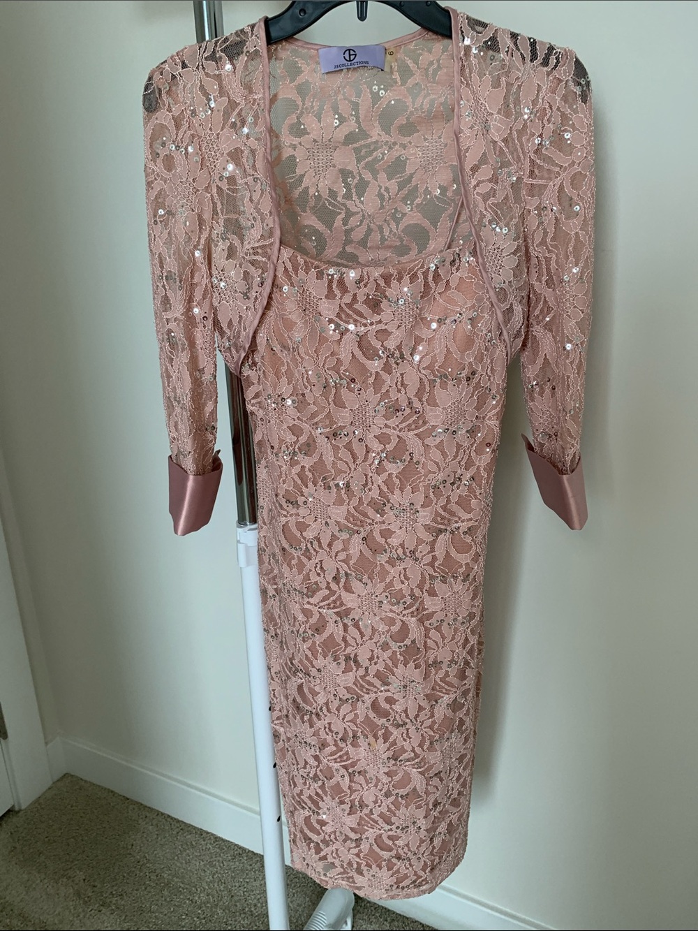 JS Collections Dusty Pink Lace Sequin Sheath Dress with Bolero